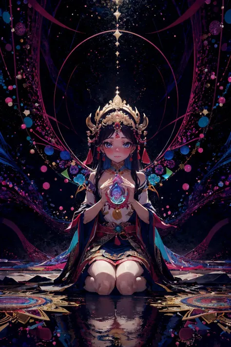 (masterpiece, top quality, best quality, official art, beautiful and aesthetic:1.2), (1girl:1.3), (fractal art:1.3), high resolution, petite, extremely detailed, detailed background, abstract background, multicolored background, cinematic lighting, illustration, solo, active pose, kareido (kaleidoscope), (thangka apsaras:1), divinity, light rays, hair ornament, sitting, lotus, geometry,