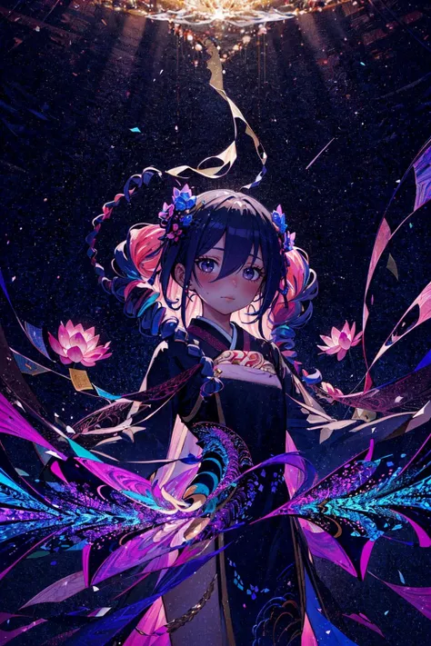 (masterpiece, top quality, best quality, official art, beautiful and aesthetic:1.2), (1girl:1.3), (fractal art:1.3), high resolution, petite, extremely detailed, detailed background, abstract background, multicolored background, cinematic lighting, illustration, solo, active pose, kareido (kaleidoscope), (japanese theme:1), divinity, light rays, hair ornament, geometry, lotus position, hair between eyes, undercut, drill hair, quad braids, panorama,
