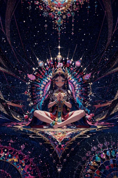 (masterpiece, top quality, best quality, official art, beautiful and aesthetic:1.2), (1girl:1.3), (fractal art:1.3), high resolution, petite, extremely detailed, detailed background, abstract background, multicolored background, cinematic lighting, illustration, solo, active pose, kareido (kaleidoscope), (thangka apsaras:1), divinity, light rays, hair ornament, sitting, lotus, geometry,