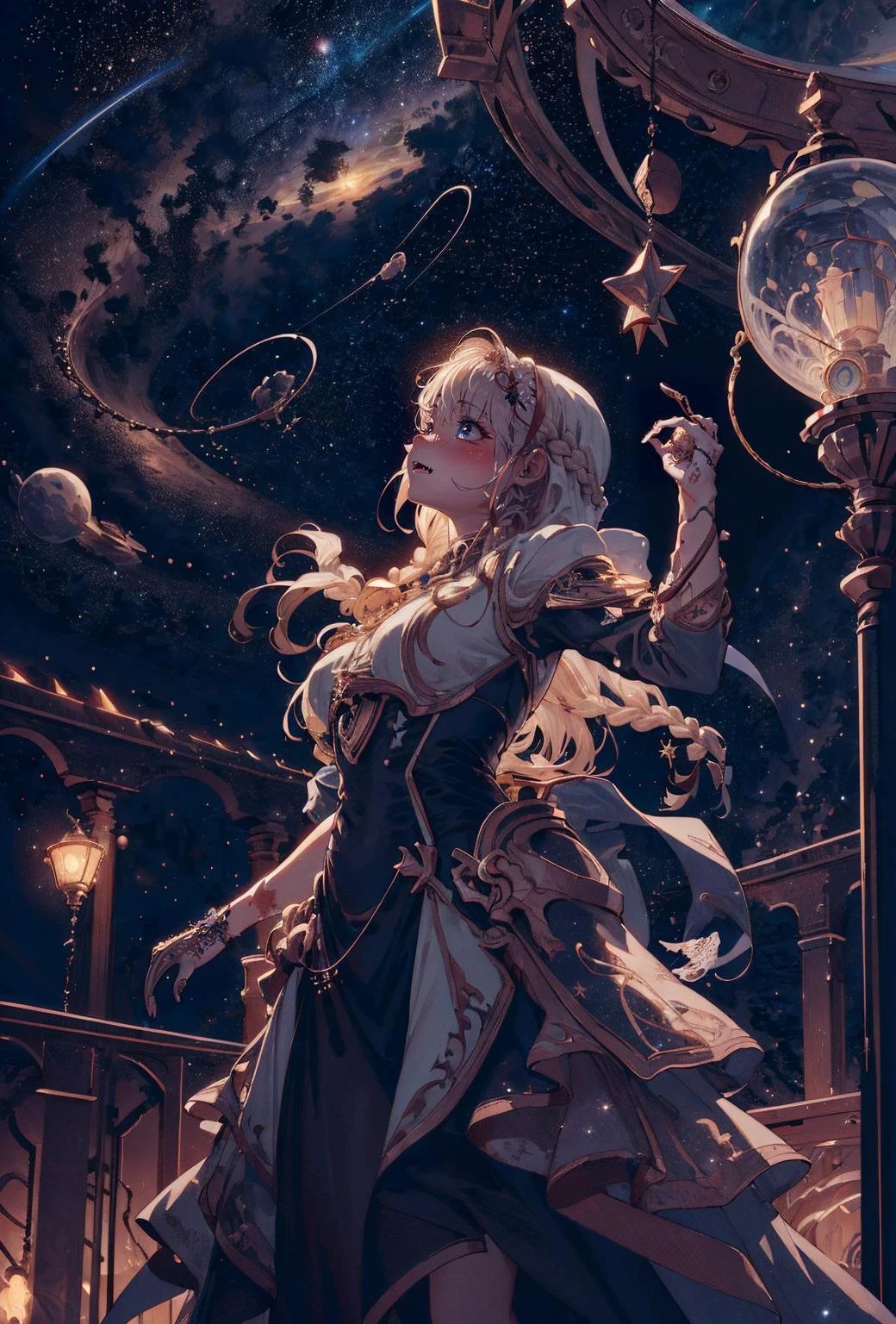(best quality, masterpiece) high resolution, extremely detailed, detailed background, cinematic lighting, illustration, 1girl, solo, active pose, space theme, glowing hair, horology, time, hourglass, celestial, constellations, stars, starlight, hair_pulled_back, bob, fetal position, (nude:0.7), <lora:IvoryGoldAIv2:1>