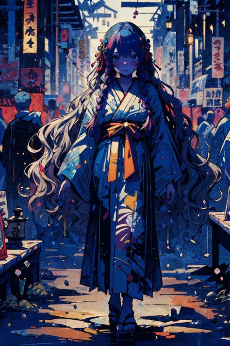 (best quality, masterpiece), 8k, high resolution, extremely detailed, detailed background, cinematic lighting, illustration, 1girl, intricate design, solo, rainbow hair, splash art, yukata, market place, festival, matsuri, full body, <lora:add_detail:0.5> <lora:mixed_patterns_of_text_and_emoji:0.7>,, swept bangs, twin braids, wavy hair,