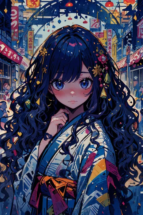 (best quality, masterpiece), 8k, high resolution, extremely detailed, detailed background, cinematic lighting, illustration, 1girl, intricate design, solo, rainbow hair, splash art, yukata, market place, festival, matsuri, cowboy shot, <lora:add_detail:0.5> <lora:mixed_patterns_of_text_and_emoji:0.7>,, swept bangs, bob, wavy hair,