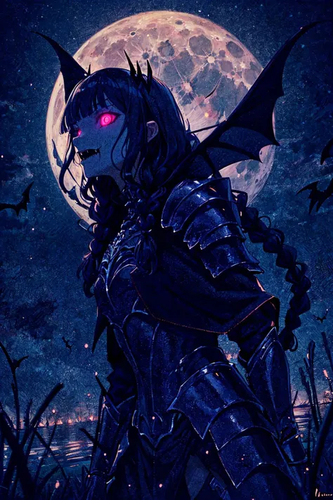 (best quality, masterpiece) high resolution, extremely detailed, detailed background, cinematic lighting, illustration, 1girl, intricate design, solo, decay, death, glowing eyes, active pose, (knight, armor:0.9), vampire girl, gothic, flesh cape, (flesh armor:0.8), (fang:1.1), grass, lake, moon light, <lora:add_detail:0.5> <lora:Gloomifier_V2_TheGlow:0.4>, swept bangs, short twin braid, wavy hair,