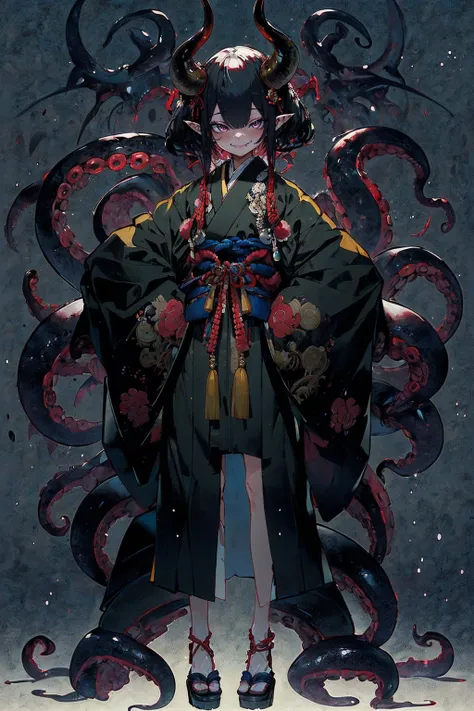 (best quality, masterpiece), (extremely detailed:1.3), (1girl:1.4), HDR, <lora:Cthulhu:0.7> monster girl, demon girl, horns, kimono, tentacles, smug face, full body,