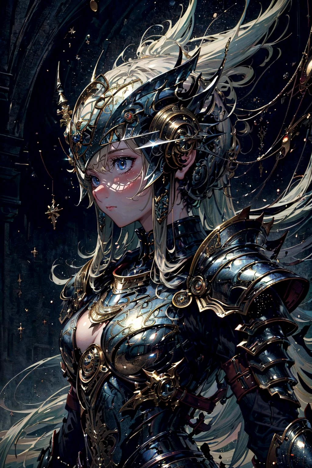 (masterpiece, top quality, best quality, beautiful and aesthetic:1.2), (1girl:1.3), original, high resolution, (fractal art), surreal, arthurian legend, knights, armor, british, war, medieval, <lora:add_detail:0.7>, straight-on, magic, magic imbued, fantasy, swords, <lora:Chimera Series R Number Furnace - Phantom:1> expressionless,