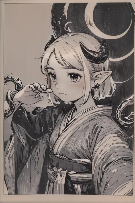 (masterpiece, top quality, extremely detailed, best quality, intricate details, beautiful and aesthetic:1.2), (1girl:1.3), <lora:sashimi+NAI2-000010:1> sashimi+, horns, devil tails, devil wings, pointy ears, young, monochrome, focused, claw pose, skin fang, simple background, white background, monochrome, white border, pixie cut, medium hair, straight hair, wa kimono