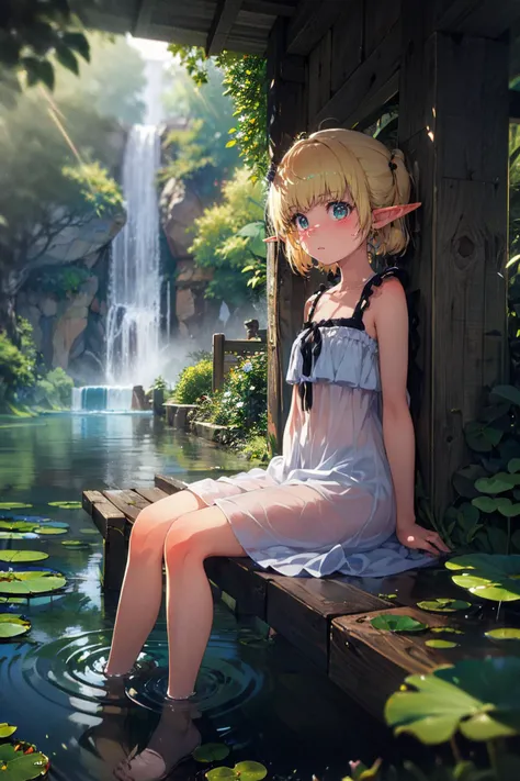 (masterpiece, top quality, extremely detailed, best quality, beautiful and aesthetic:1.2), (1girl:1.3), original, high resolution, <lora:ogipote+NAI6-000009:1> ogipote+, young, lake, lily pad, lotus, sitting, sundress, nature, elf, pointy ears, confused, tree, light rays, lens flare, hair slicked back, medium hair, spiky hair, iridescent hair