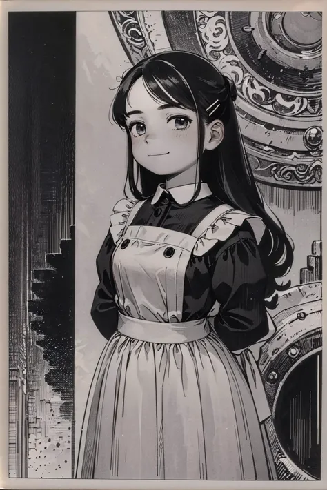 (masterpiece, top quality, extremely detailed, best quality, intricate details, beautiful and aesthetic:1.2), (1girl:1.3), <lora:sashimi+NAI2-000010:1> sashimi+, Waitress Uniform frilled white blouse, double-breasted, underbust, hair pin, young, monochrome, close-up, standing, arms behind back, smirk, simple background, white background, monochrome, white border, hair slicked back, very long hair, ringlets,