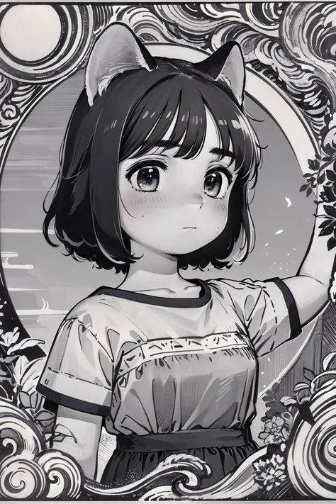 (masterpiece, top quality, extremely detailed, best quality, intricate details, beautiful and aesthetic:1.2), (1girl:1.3), <lora:sashimi+NAI2-000010:1> sashimi+, coral t-shirt, sweatpants, sandals, animal ears, cat ears, young, monochrome, upper body, arms above head, distracted, aloof, oblivious, simple background, white background, monochrome, white border, crossed bangs, short hair, wavy hair,