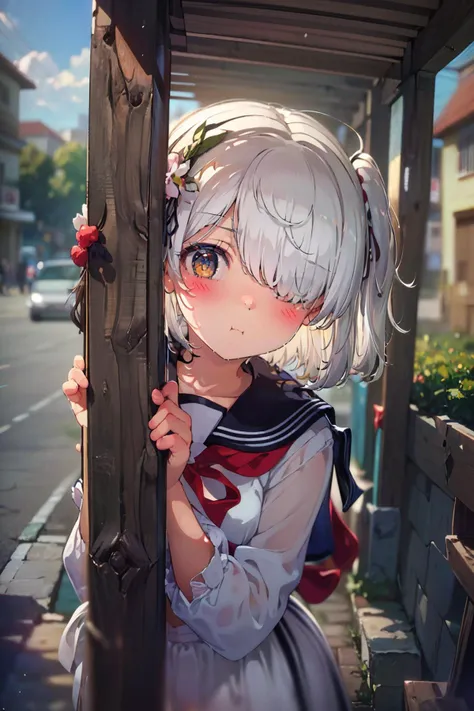 (masterpiece, top quality, extremely detailed, best quality, beautiful and aesthetic:1.2), (1girl:1.3), original, high resolution, <lora:ogipote+NAI6-000009:1> ogipote+, young, (peeking out, pole:1.3), serafuku, outdoors, pavement, standing, behind an object, <lora:Concept_Pout:0.8> pout, hair over one eye, medium hair, messy hair, white hair