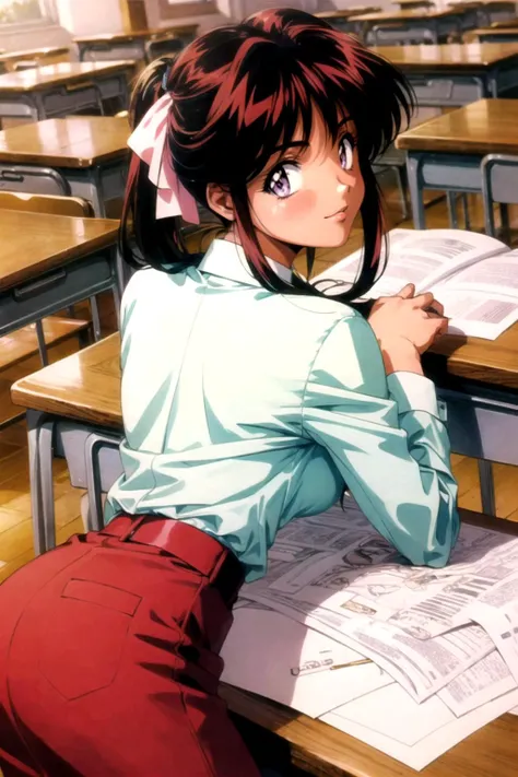masterpiece, best quality, 1girl, looking at viewer, ultra detailed, <lora:add_detail:0.5>, classroom, <lora:nambell_FW:0.6> , purple eyes, school uniform, retro_artstyle, 1990s_(style), looking back,