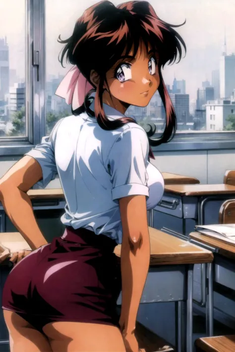 masterpiece, best quality, 1girl, looking at viewer, ultra detailed, <lora:add_detail:0.5>, classroom, <lora:nambell_FW:0.8> , purple eyes, school uniform, retro_artstyle, 1990s_(style), looking back, pantylines,
