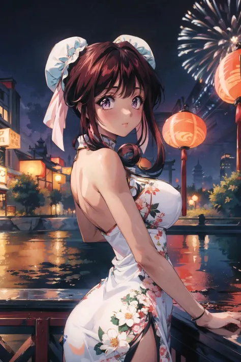 masterpiece, best quality, extremely detailed 8K wallpaper, 1girl, looking at viewer, volumetric lighting, best anatomy, detailed eyes, beautiful eyes, best shadow, ultra detailed, <lora:add_detail:0.5>, summer festival, festival, paper lantern,fireworks, <lora:nambell_FW:0.8> , purple eyes, cowboy shot(, china dress:1.2),( skin tight:1.1), double bun, bun_cover, dark-skinned female,