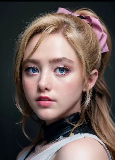 ((masterpiece)), (best quality), perfect anatomy, highres, detailed, (8k), photorealistic,best quality, ultra highres,  ((detailed face)),
<lyco:kathryn_newton_lycor_01-000003:1>, kathrynnewton, 1girl, solo, realistic, blonde hair, bow, looking at viewer, blue eyes, freckles, ponytail, simple background, upper body, lips, hair bow, pink bow, eyelashes