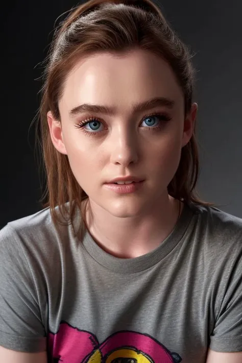 kathrynnewton, closeup portrait of young woman wearing t-shirt, grey background, (tilted pose shot:1.0), oiled shiny skin, (slick hair:1.0), 
 <lora:kathryn_newton_lycor_01:1>