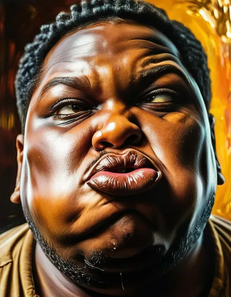 portrait, close up of a morbidly obese ral-grmce, making a face, Interactive, metamorphic forms, metallic textures, groundbreaking visuals, portraitist, African American art, dynamic shapes, action, close-up, <lora:ral-grmce-sdxl:0.8>, illustrious quality, holy, great light, exquisite color, professional creative, perfect symmetry