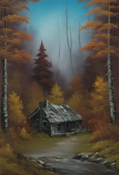 cabin in the woods, autumn leaves, vivid color, painting by bob ross <lora:bob_ross_style_10:1>