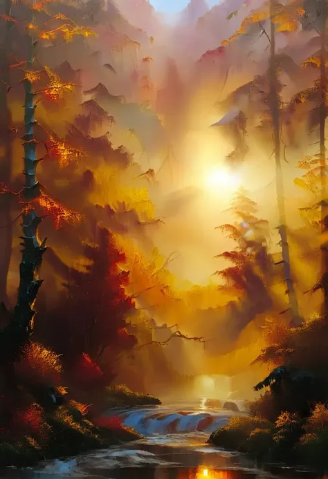 forest landscape at dawn, misty mountains in the background, sunbeams piercing through the dense trees, a serene river flowing through, vibrant autumn foliage, rich warm colors, intricate details on each leaf, soft lighting, tranquil and peaceful atmosphere, showcasing the beauty of nature, painting by bob ross <lora:Bob_Ross_ASMR_Style_XL:1>