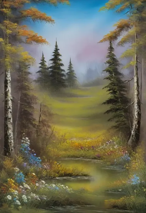 a peaceful wild flower covered meadow, vivid color, painting by bob ross <lora:bob_ross_style_10:1>