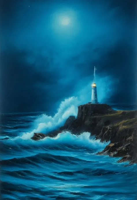 a professional wet on wet oil painting, majestic turquoise ocean waves on a light house at midnight, brush strokes conveying reflective light on rocky reef surrounding main subject, pallet knife <lora:bob_ross_style_10:1>