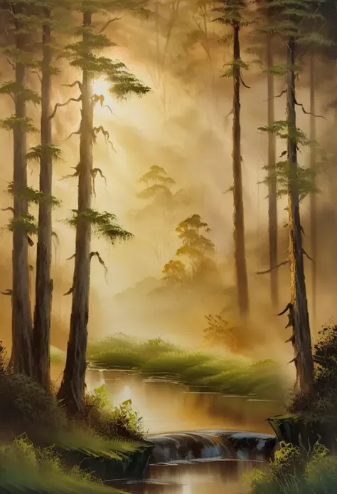 soft oil painting, tranquil forest scene at dawn, sunlight filtering through the trees, a calm river winding through the landscape, rich greens and earthy browns, delicate brush strokes, mist rising from the water, peaceful and serene, capturing the beauty of nature painting by bob ross <lora:Bob_Ross_ASMR_Style_XL:1>