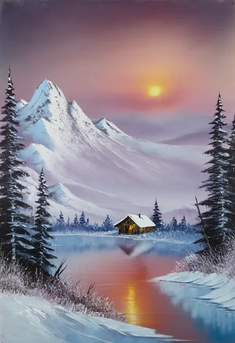 a lonely cabin in the woods on a winters day, sun setting on snowy reflective pond, snow capped rocky mountains on a hazy horizon, painting by bob ross <lora:bob_ross_style_10:1>