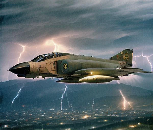 analog gloomy aerial photo of a F-4 phantom, ((nighttime)), (explosions on the ground:1.1), ((fire)), city ruins, High Detail, Sharp focus, (photorealism), realistic, best quality, 8k, award winning, dramatic lighting, epic, cinematic, masterpiece, rim light, action , war, <lora:F-4 Phantom:0.76>, (((nightmare))), (((lightning))), (((heavy rain))), (((cloudy days))), (((cold war)))
