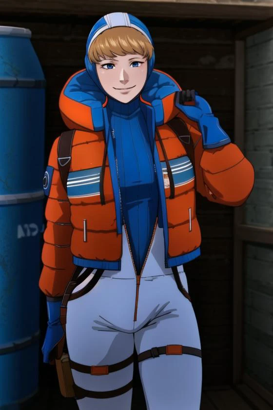 <lora:NTRman:.6>, NTRman, <lora:wattsonApexLegends_v30:0.9>, wattson (apex legends), masterpiece, best quality, 1girl, solo, hooded bodysuit, bodysuit, white bodysuit, hood, scar, jacket, scar on face, scar on cheek, orange jacket, bangs, gloves, blonde hair, blue eyes, knee pads, hooded jacket, blue gloves, ribbed bodysuit, blue bodysuit, thigh strap, burn scar, looking at viewer, cable, open hands, standing , blue headwear, smile, cowboy shot,