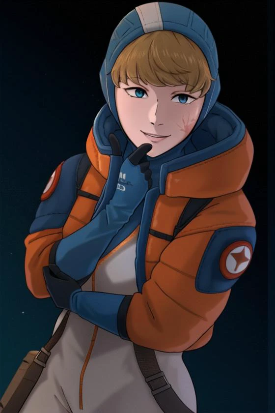 <lora:NTRman:.6>, NTRman, <lora:wattson_(apex_legends)v3:.9>, wattson (apex legends), masterpiece, best quality, 1girl, solo, hooded bodysuit, bodysuit, white bodysuit, hood, scar, jacket, scar on face, scar on cheek, orange jacket, bangs, gloves, blonde hair, blue eyes, knee pads, hooded jacket, blue gloves, ribbed bodysuit, blue bodysuit, thigh strap, burn scar, looking at viewer, cable, open hands, standing , blue headwear, smile, cowboy shot,
