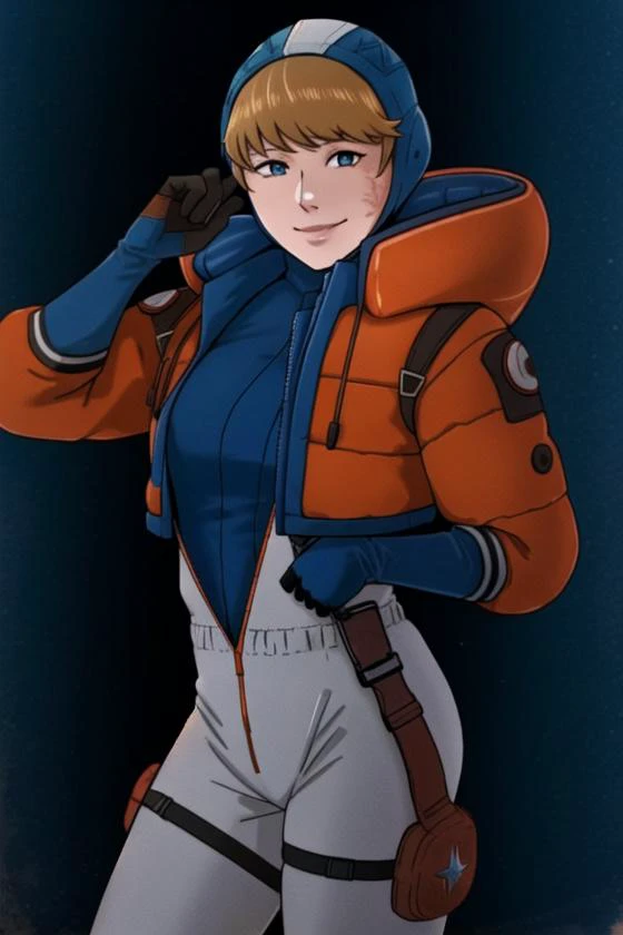 <lora:NTRman:.6>, NTRman, <lora:wattson_(apex_legends)v3:0.9>, wattson (apex legends), masterpiece, best quality, 1girl, solo, hooded bodysuit, bodysuit, white bodysuit, hood, scar, jacket, scar on face, scar on cheek, orange jacket, bangs, gloves, blonde hair, blue eyes, knee pads, hooded jacket, blue gloves, ribbed bodysuit, blue bodysuit, thigh strap, burn scar, looking at viewer, cable, open hands, standing , blue headwear, smile, cowboy shot,