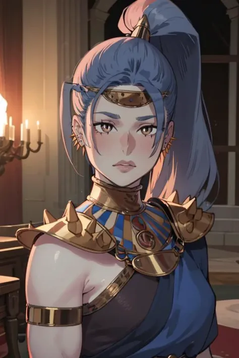 (masterpiece, best quality:1.2), <lora:ntrman:0.95>, ntrman, 1girl, solo, looking at viewer, breasts, <lora:megaera:0.95> megaera, ponytail, colored skin, piercing, ear piercing, blue skin, gorget, greek clothes