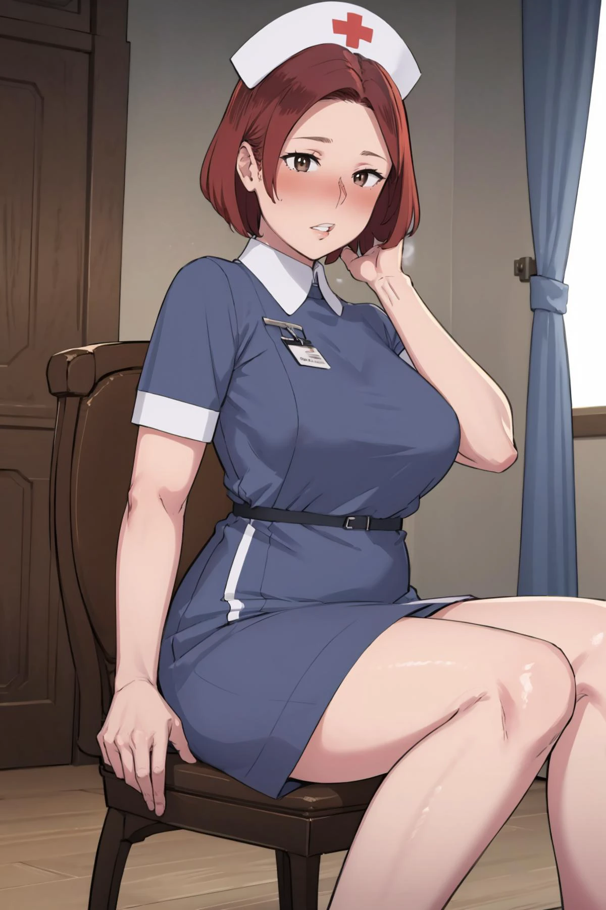 (masterpiece, best quality:1.2), <lora:ntrman:1>, ntrman, 1girl, nurse, hat, nurse cap, sitting, breasts, blush, large breasts, id card, looking at viewer, chair, skeleton, bangs, short sleeves, dress, short hair, brown eyes, brown hair, solo, parted lips, white dress, curtains, indoors, thighs, hand on own face, x-ray