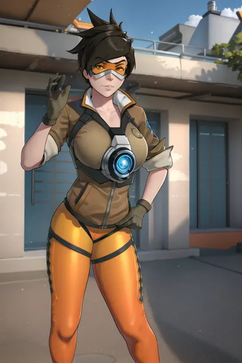 <lora:NTRman:.6>, NTRman, masterpiece, best quality, 1girl, solo, mature female, toned, cowboy shot,  <lora:tracerOverwatchLORA_v1:.7>, tracer, bomber jacket, orange leggings, goggles, outdoors,