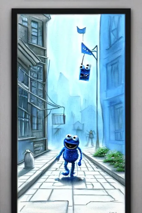 pastel watercolor, monochrome, (3d render:1.1), (Pixar:1.1), cookie monster, walking in an apocalypse, <lora:Japanese_style_Minimalist_Line_Illustrations:0.3>