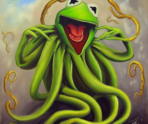 ASCIIA painting of  Cthulhu as kermit the frog, very detailed, clean, high quality, sharp image, based on H.P Lovecraft stories