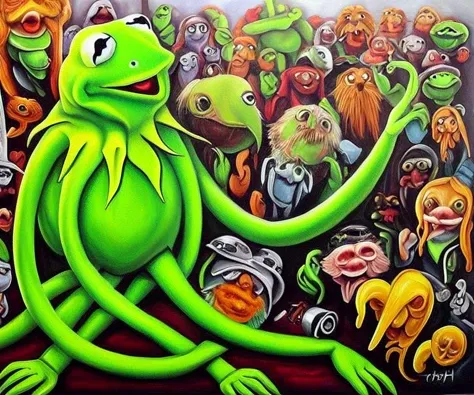 ASCIIA painting of  Cthulhu as kermit the frog, very detailed, clean, high quality, sharp image, based on H.P Lovecraft stories