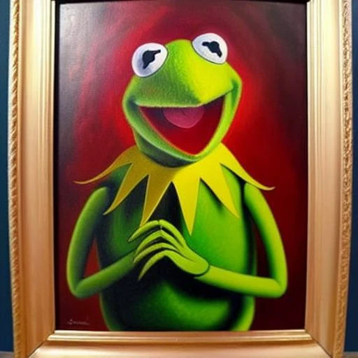 ASCIIAn oil painting of kermit the frog muppet in flemish baroque style, very detailed, clean, high quality, sharp image, John Philip Falter, Very detailed painting