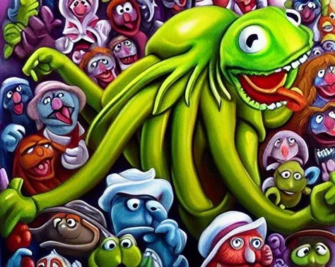 ASCIIA painting of  Cthulhu as a muppet, very detailed, clean, high quality, sharp image, based on H.P Lovecraft stories