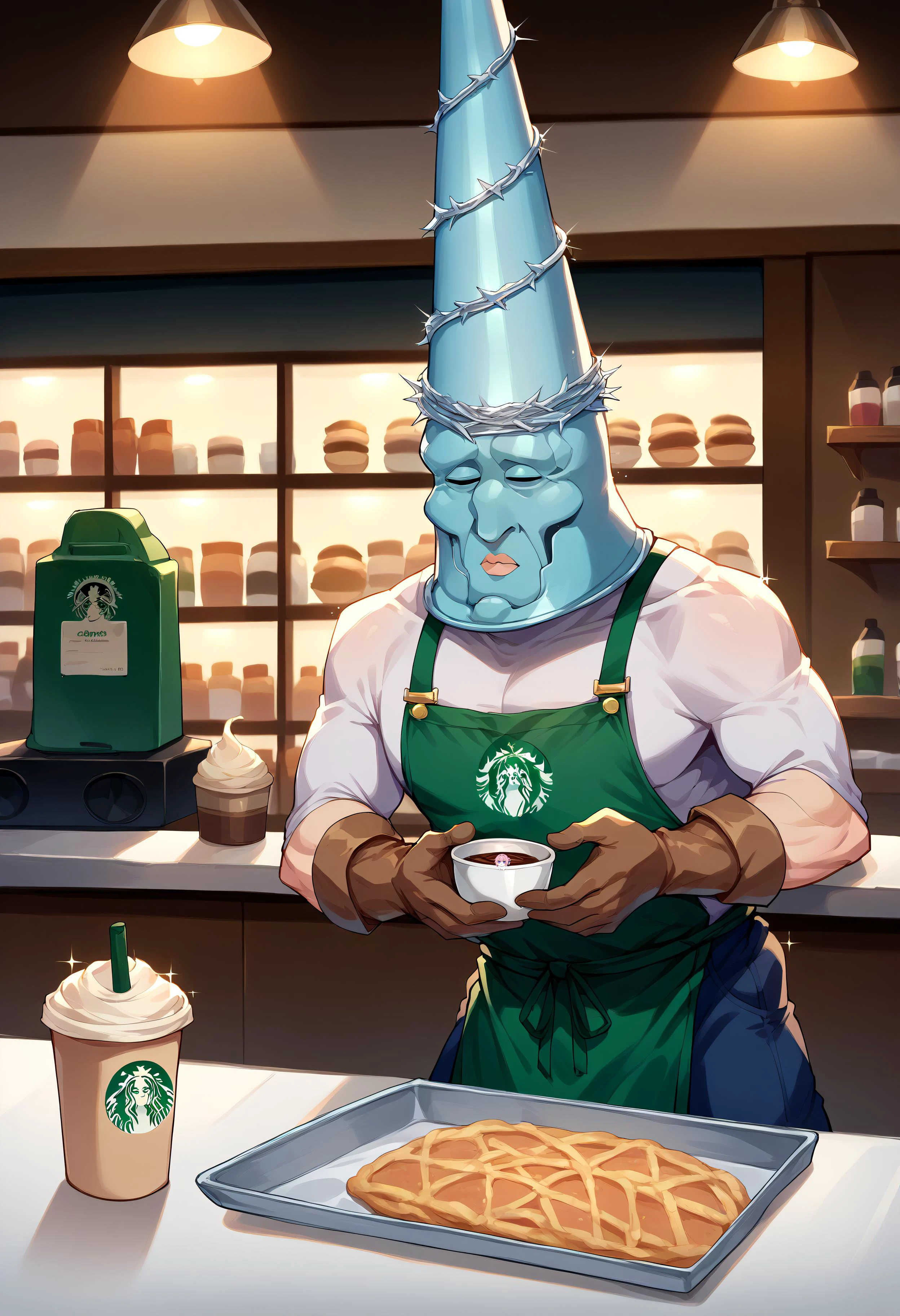score_9, score_8_up, score_7_up BREAK source_anime, <lora:sppenitentOneXLPony:1> <lora:handsomize_x_pdxl_v1:1> penitent one, helmet, armor, brown gloves, handsomize, sparkle, indoors, starbucks, apron