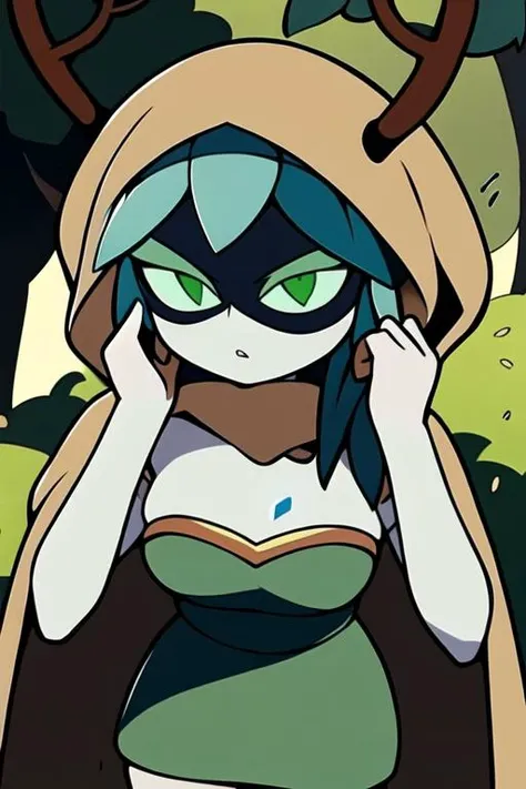 masterpiece, best quality
BREAK <lora:huntress_wizard:0.8> 
huntress_wizard, 1girl, green eyes, green sclera, green hair, leaf, green skin, mask, hood, cape, slit pupils, antlers, colored skin
BREAK  <lora:shorttubedress-v1:0.8> 
strapless shorttubedress, green dress
BREAK 
sunlight, looking at viewer, forest