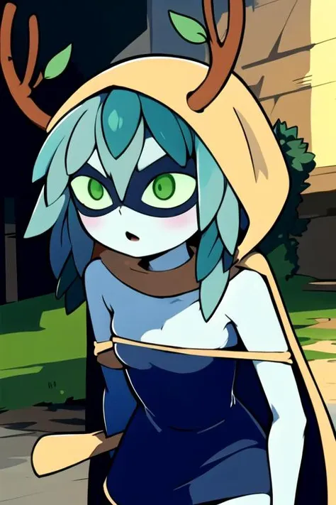 masterpiece, best quality, cartoon, flat coloring
BREAK <lora:huntress_wizard:0.8> 
huntress_wizard, 1girl, green eyes, green sclera, green hair, leaf, green skin,mask, hood, cape, sunlight,  looking at viewer, slit pupils, antlers, colored skin, globe
BREAK  <lora:shorttubedress-v1:0.8> 
shorttubedress, strapless shorttubedress