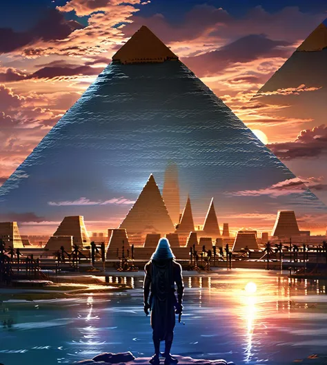 scenery, sunset, solo, cloud, sky, outdoors, sun, standing, building, water, from behind, bridge, silhouette, reflection, hood, cloudy sky, ruins, river <lora:EGYPT:1>