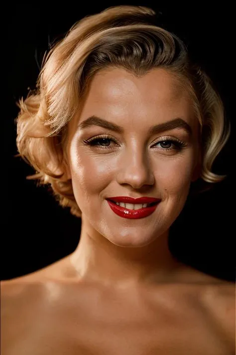 Realistic photo of a beautiful m4ryl1n-v2 woman, 1girl, solo, breasts, looking at viewer, smile, short hair, blue eyes, blonde hair, simple background, dress, cleavage, bare shoulders, medium breasts, upper body, parted lips, teeth, white dress, mole, lips, makeup, lipstick, black background, realistic, red lips, soft lighting, professional Photography, Photorealistic, detailed, RAW, analog, sharp focus, 8k, HD, DSLR, high quality, Fujifilm XT3, film grain, award winning, masterpiece<lora:m4ryl1n-v2:1.0>