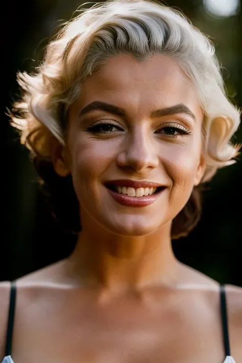 Realistic photo of a beautiful m4ryl1n-v2 woman,  1girl, solo, breasts, looking at viewer, smile, short hair, simple background, navel, brown eyes, nipples, white hair, small breasts, lips, see-through, makeup, realistic, soft lighting, professional Photography, Photorealistic, detailed, RAW, analog, sharp focus, 8k, HD, DSLR, high quality, Fujifilm XT3, film grain, award winning, masterpiece<lora:m4ryl1n-v2:1.0>