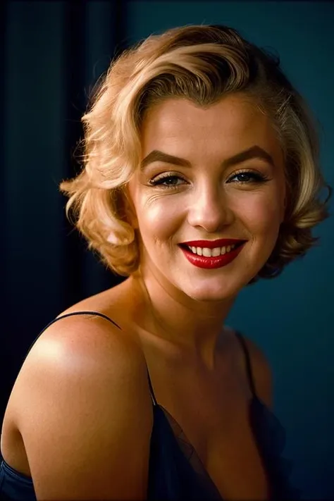 Realistic photo of a beautiful m4ryl1n-v2 woman, 1girl, solo, breasts, looking at viewer, smile, short hair, blue eyes, blonde hair, simple background, dress, cleavage, bare shoulders, medium breasts, upper body, parted lips, teeth, white dress, mole, lips, makeup, lipstick, black background, realistic, red lips, soft lighting, professional Photography, Photorealistic, detailed, RAW, analog, sharp focus, 8k, HD, DSLR, high quality, Fujifilm XT3, film grain, award winning, masterpiece<lora:m4ryl1n-v2:1.0>