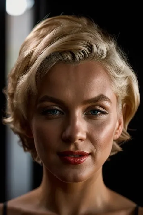 Realistic photo of a beautiful m4ryl1n-v2 woman,1girl, solo, short hair, looking at viewer, blonde hair, parted lips, teeth, artist name, lips, blue eyes, realistic, soft lighting, professional Photography, Photorealistic, detailed, RAW, analog, sharp focus, 8k, HD, DSLR, high quality, Fujifilm XT3, film grain, award winning, masterpiece<lora:m4ryl1n-v2:1.0>