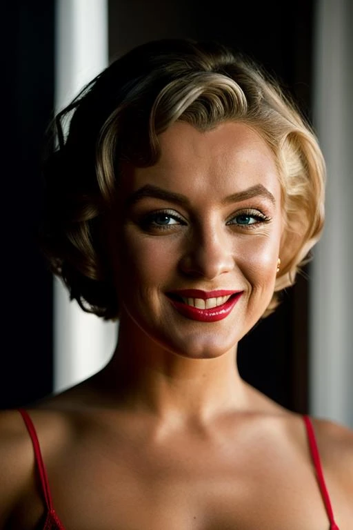 Realistic photo of a beautiful m4ryl1n-v2 woman, 1girl, solo, looking at viewer, smile, short hair, blue eyes, blonde hair, upper body, mole, lips, makeup, lipstick, turtle neck black sweater, realistic, red lips, soft lighting, professional Photography, Photorealistic, detailed, RAW, analog, sharp focus, 8k, HD, DSLR, high quality, Fujifilm XT3, film grain, award winning, masterpiece<lora:m4ryl1n-v2:1.0>