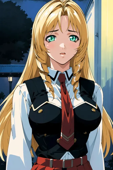 (Night:1.7), Japan, Tokyo, CityView, Before Window, Standing at attention,(Upper_body:1.3), White_shirt,long sleeves,Red pleated skirt, uniform,thighhighs,long sleeves,(belt:1.2),Red Tie,(Black_vest:1.3), <lora:Rika_Shiraki_Bible_Black-KK77-V1:0.7>, blonde hair,very long hair,Bangs,green eyes,Forehead,drill hair, 1 girl, 20yo,mature female,Beautiful Finger,Beautiful long legs,Beautiful body,Beautiful Nose,Beautiful character design, perfect eyes, perfect face, looking at viewer,girl in the center of the image, NSFW,official art,extremely detailed CG unity 8k wallpaper, perfect lighting,Colorful, Bright_Front_face_Lighting, (masterpiece:1.0),(best_quality:1.0), ultra high res,4K,ultra-detailed, photography, 8K, HDR, highres, absurdres:1.2, Kodak portra 400, film grain, blurry background, bokeh:1.2, lens flare, (vibrant_color:1.2) (Beautiful,Large_Breasts:1.2), (beautiful_face:1.5),(narrow_waist),