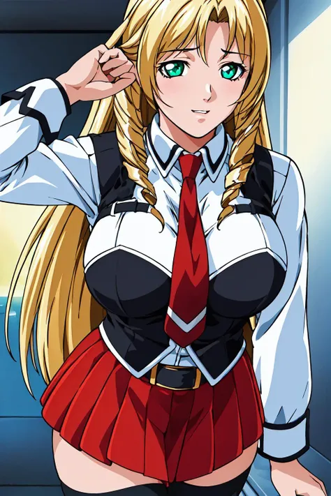 White_shirt,long sleeves,Red pleated skirt, uniform,thighhighs,long sleeves,(belt:1.2),Red Tie,(Black_vest:1.3), <lora:Rika_Shiraki_Bible_Black-KK77-V1:0.7>, blonde hair,very long hair,Bangs,green eyes,Forehead,drill hair,
1 girl, 20yo,Young female,Beautiful Finger,Beautiful long legs,Beautiful body,Beautiful Nose,Beautiful character design, perfect eyes, perfect face,expressive eyes, looking at viewer, in the center of the image,(light_smile:0.5), official art,extremely detailed CG unity 8k wallpaper, perfect lighting,Colorful, Bright_Front_face_Lighting,shiny skin, (masterpiece:1.0),(best_quality:1.0), ultra high res,4K,ultra-detailed, photography, 8K, HDR, highres, absurdres:1.2, Kodak portra 400, film grain, blurry background, bokeh:1.2, lens flare, (vibrant_color:1.2) (Beautiful,large_Breasts:1.0), (beautiful_face:1.5),(narrow_waist)