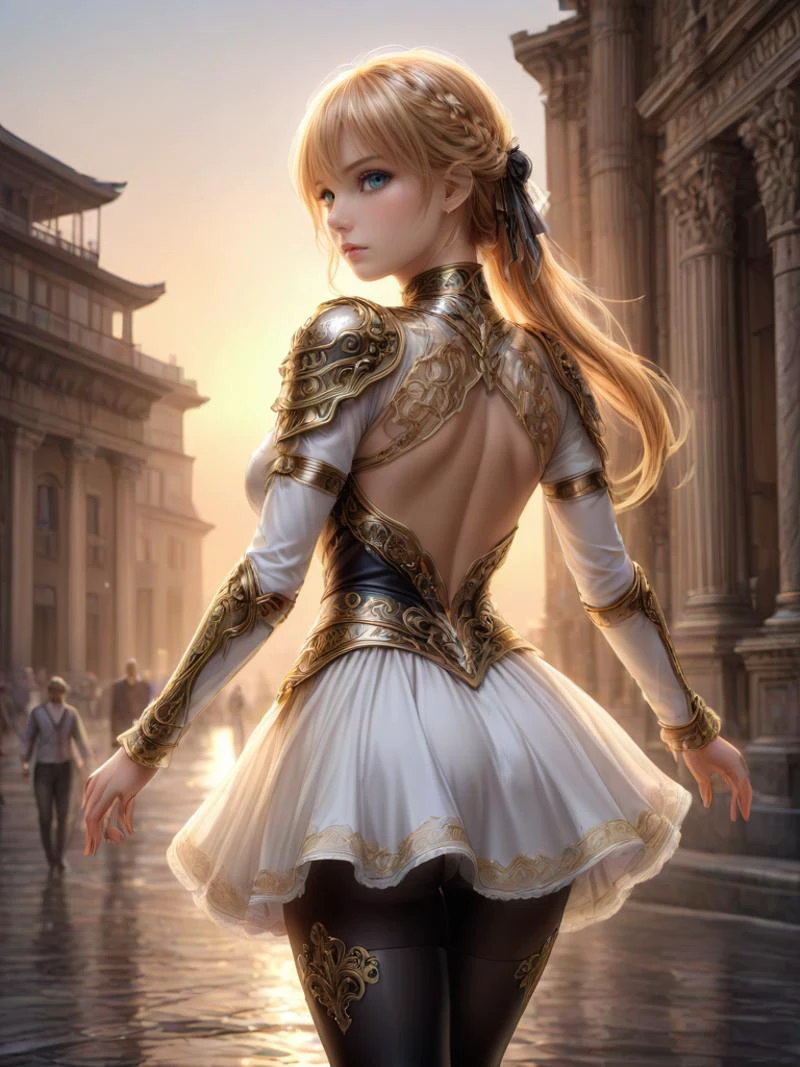 8k, best quality, sharp image, (photo realistic:1.37), real picture, raw photo, intricate details, ultra-detailed, hyper detailed eyes, detailed skin with a flawless texture delicate and refined, ultra highres, depth field, masterpiece, extremely detailed, <lora:detailed_notrigger:1>,
(0.3 :: (full-body shot) :1.3), (from behind shot, rear view, looking back) , from below ,
(1girl, Cassandra_Alexandra, <lora:Cassandra_Alexandra_XL:0.6>, (an extremely beautiful 21-year-old Caucasian girl), (blonde hair:1.2), hair bangs, (high pony tail, hair ribbon :1.3), (green eyes), <lora:breasts_slider_v2:-2>, cleavage, slender, shiny skin, flawless skin, fair skin, light blush, solo), wearing ( shoulder pads, armor, armored dress, white dress, short capelet, collar, necktie, leather belt, pantyhose, elbow gloves, black pantyhose, cloth boots), (taking a sword in right hand and a small shield in left hand) ,
<lora:ALTXL_001_4:1>,
covered nipples obviously protruding through clothing, sweat, seduction, nsfw,
(0.075 :: The Lively Line Dance: Dancing in synchronized formations with a group, moving in intricate patterns and formations :1.3),
sunset ,
Serengeti National Park ,
<lora:LCMTurboMix_Euler_A_fix:1>